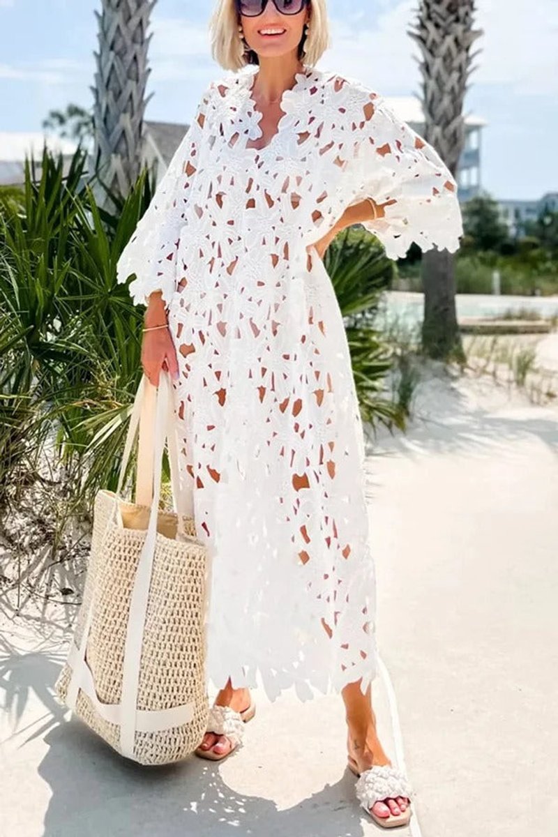 Women's Floral Eyelet Lace Bell-Sleeve Beach Cover-Up Fall Midi Dress