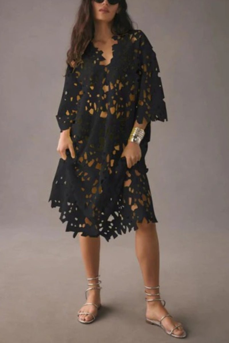 Women's Floral Eyelet Lace Bell-Sleeve Beach Cover-Up Fall Midi Dress