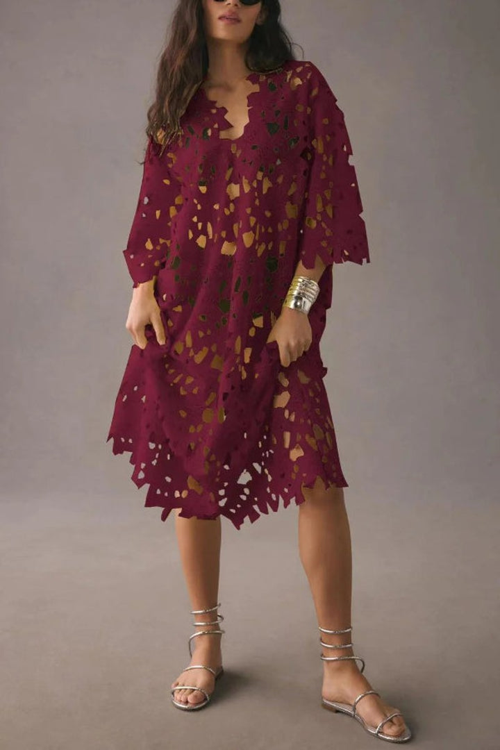 Women's Floral Eyelet Lace Bell-Sleeve Beach Cover-Up Fall Midi Dress