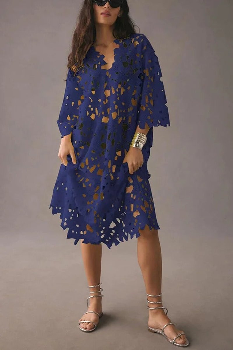 Women's Floral Eyelet Lace Bell-Sleeve Beach Cover-Up Fall Midi Dress