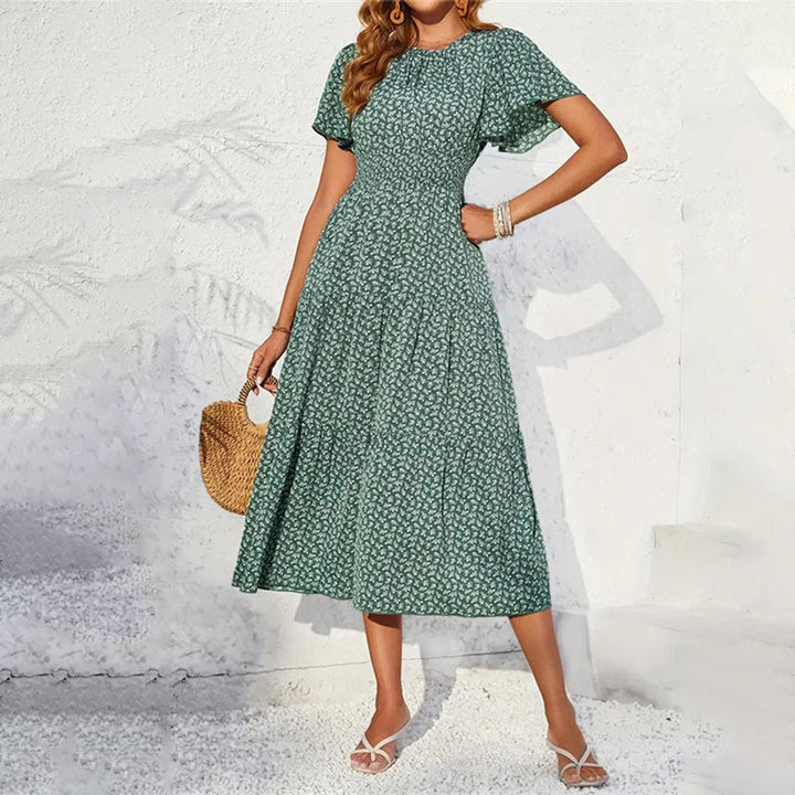 Women's Floral Flutter-Sleeve Smocked-Waist Fall Midi Dress