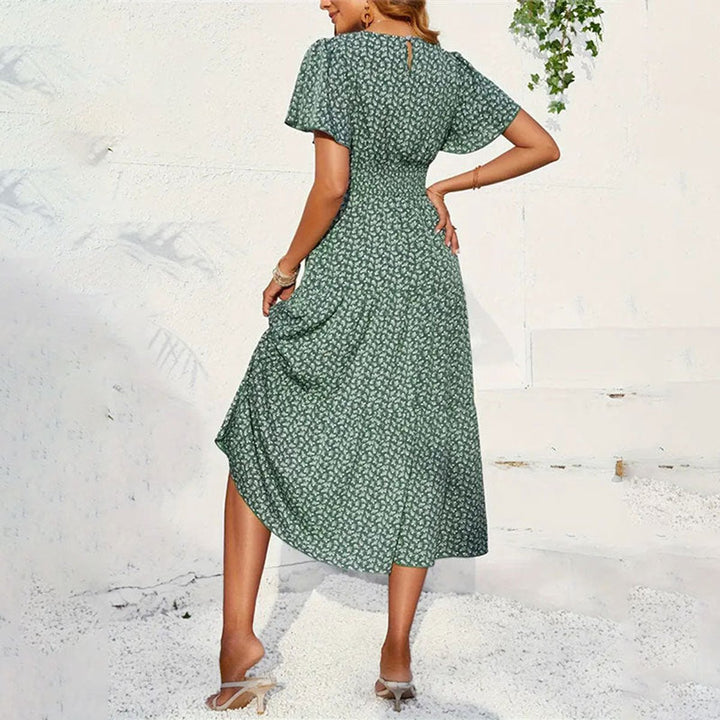 Women's Floral Flutter-Sleeve Smocked-Waist Fall Midi Dress