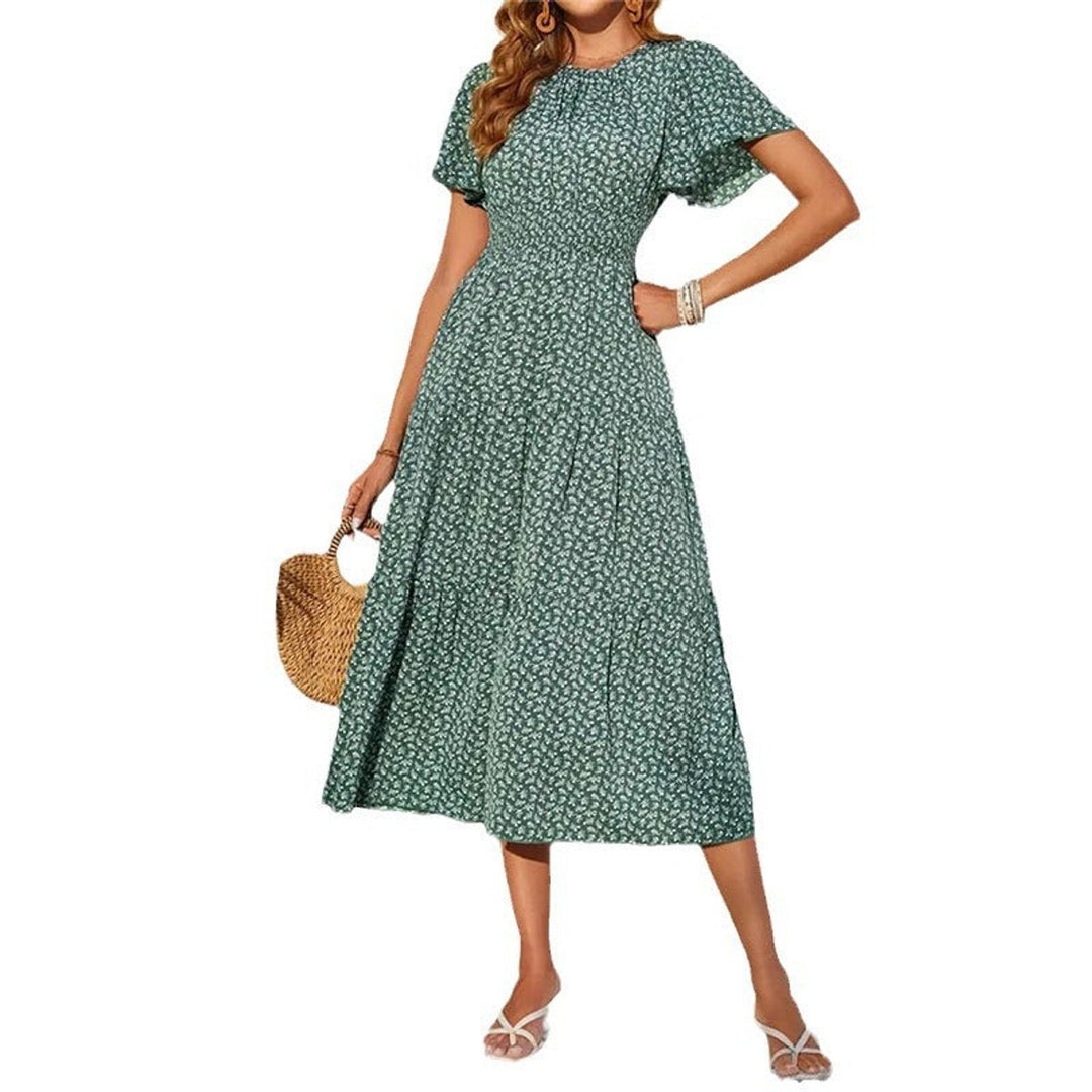 Women's Floral Flutter-Sleeve Smocked-Waist Fall Midi Dress