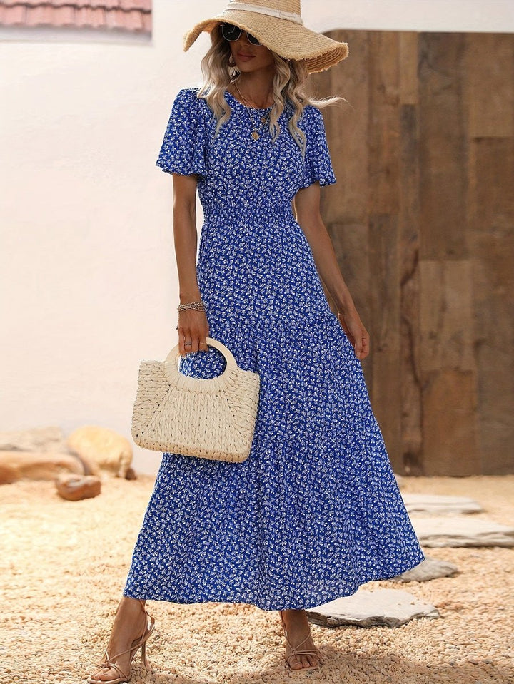 Women's Floral Flutter-Sleeve Smocked-Waist Fall Midi Dress