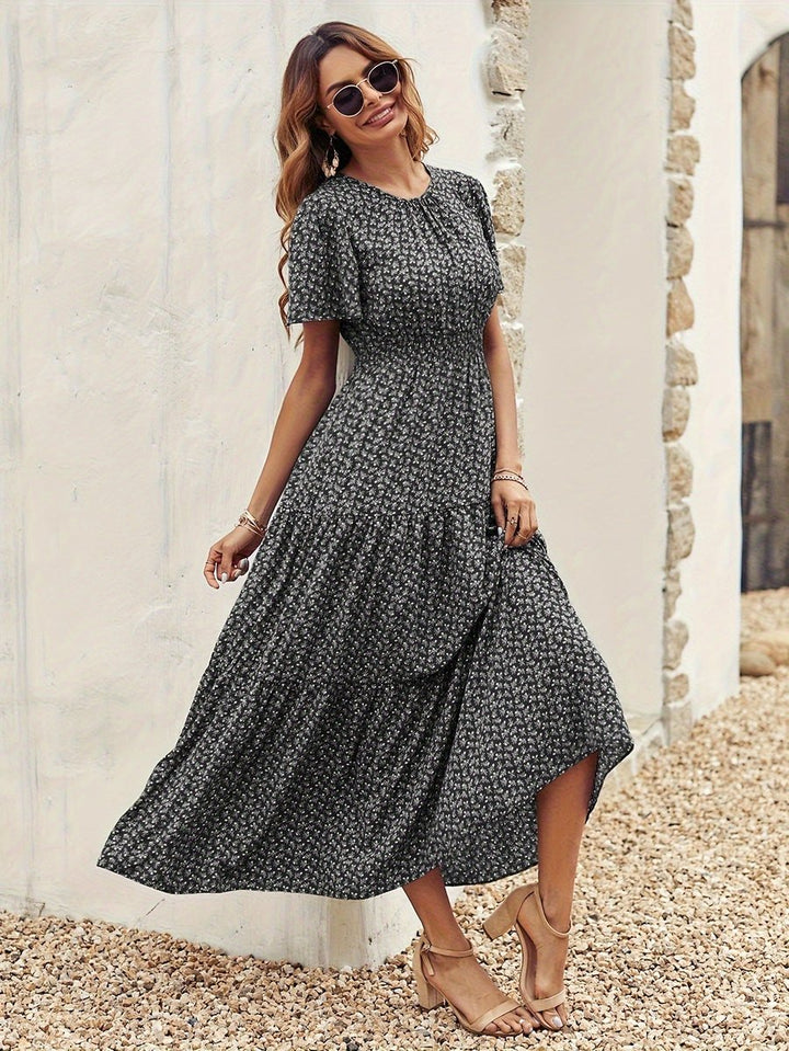 Women's Floral Flutter-Sleeve Smocked-Waist Fall Midi Dress