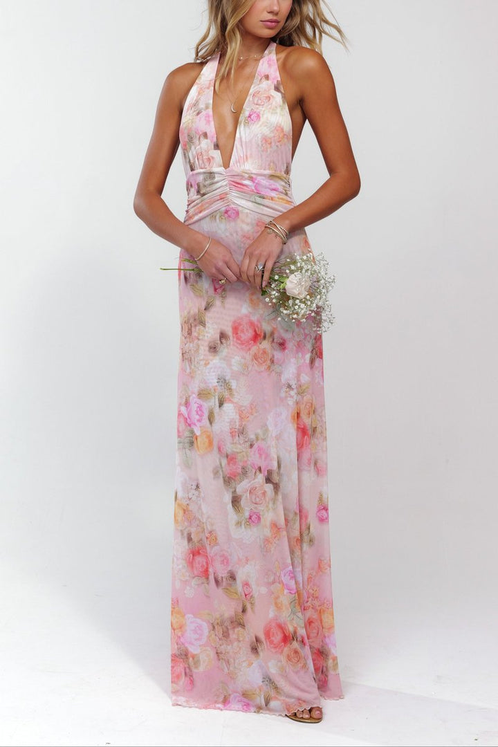 Women's Floral Halter Deep V-Neck Fall Wedding Guest Dress Maxi