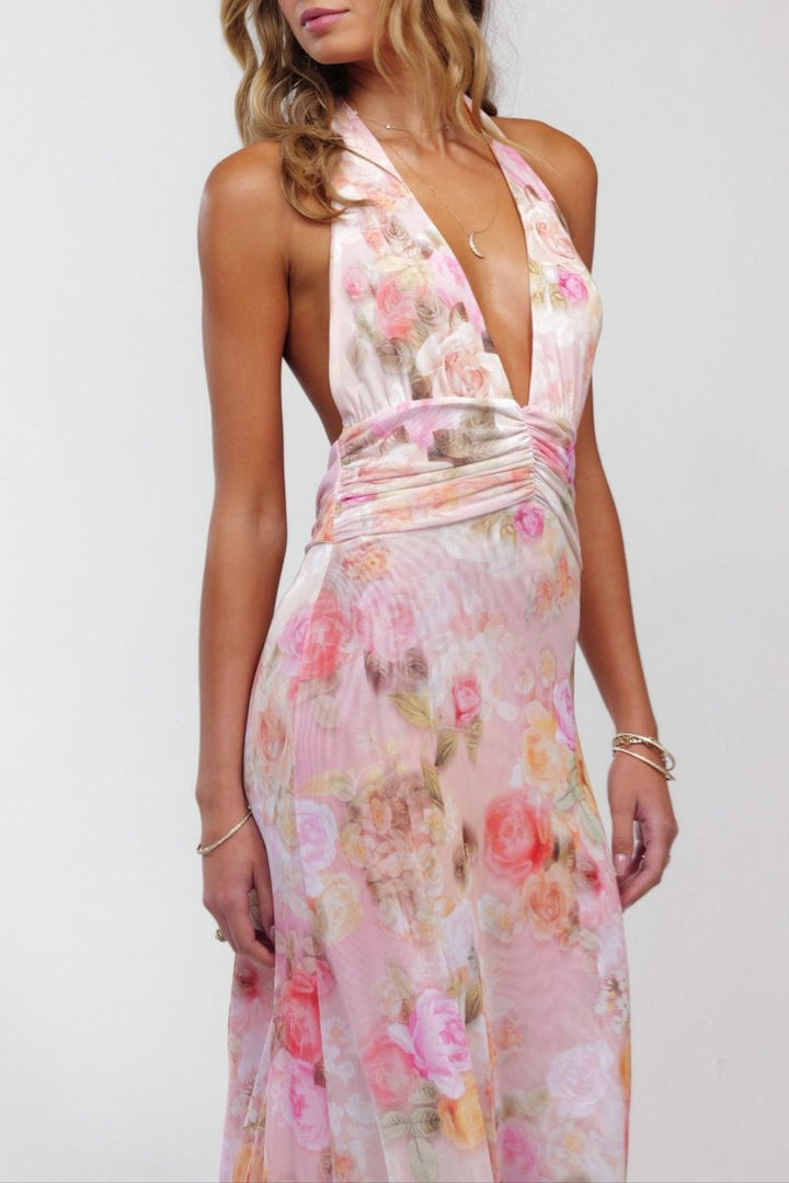 Women's Floral Halter Deep V-Neck Fall Wedding Guest Dress Maxi
