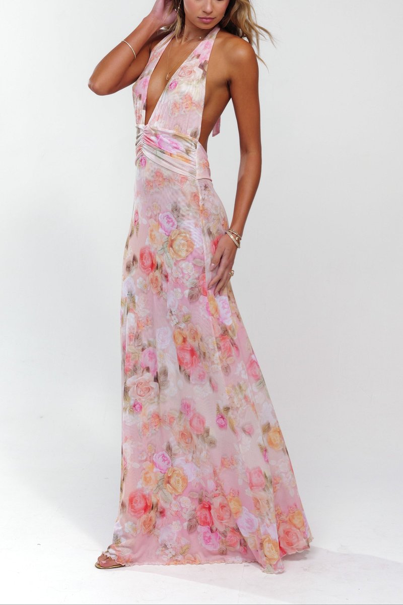 Women's Floral Halter Deep V-Neck Fall Wedding Guest Dress Maxi