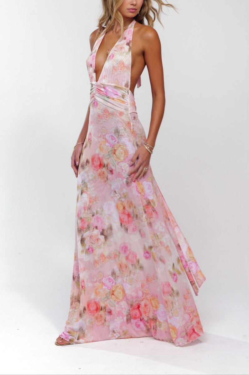 Women's Floral Halter Deep V-Neck Fall Wedding Guest Dress Maxi