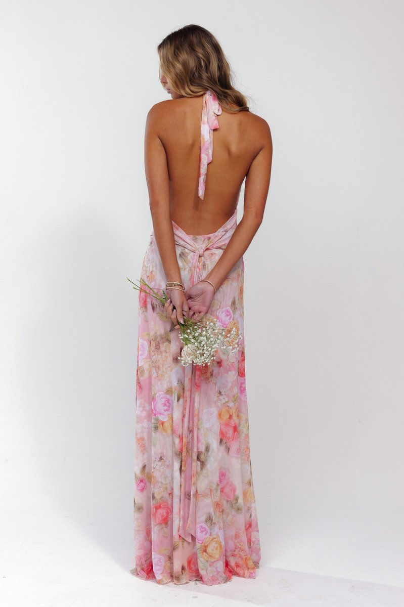 Women's Floral Halter Deep V-Neck Fall Wedding Guest Dress Maxi
