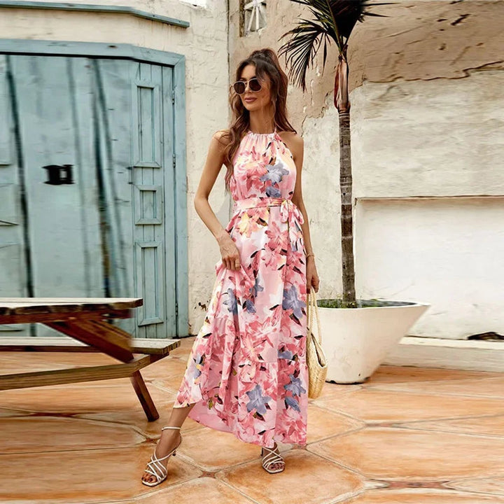 Women's Floral Halter-Neck Belted Maxi Formal Dress