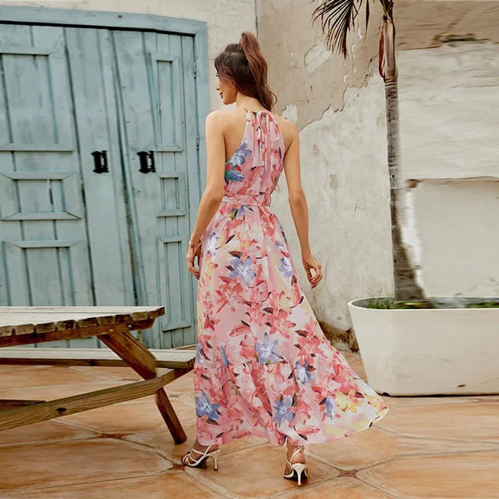 Women's Floral Halter-Neck Belted Maxi Formal Dress