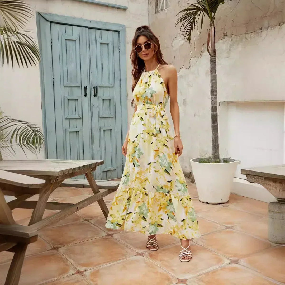 Women's Floral Halter-Neck Belted Maxi Formal Dress
