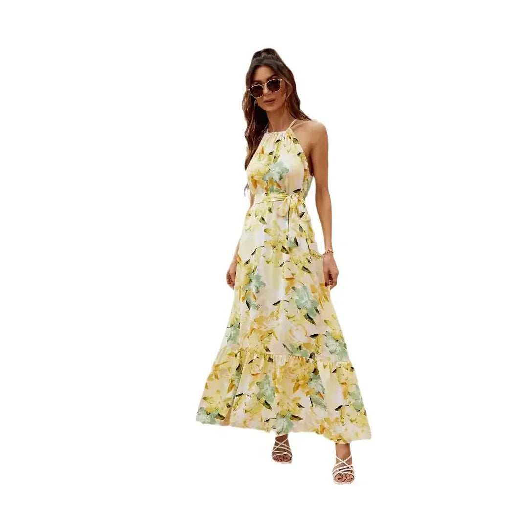 Women's Floral Halter-Neck Belted Maxi Formal Dress