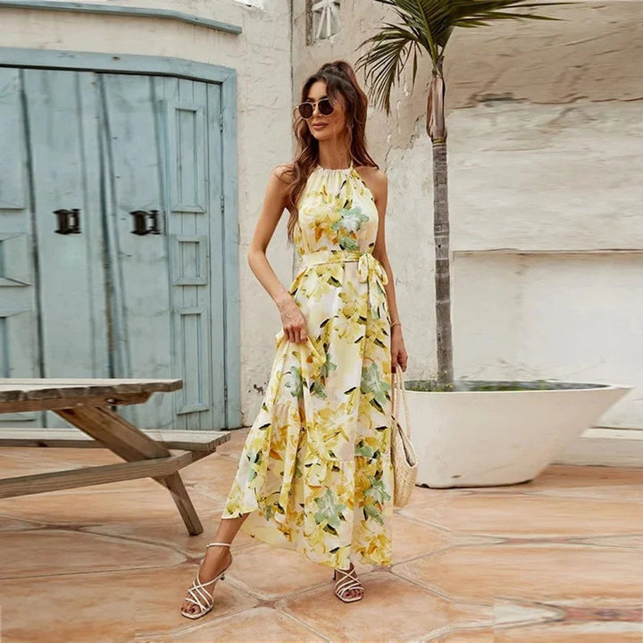 Women's Floral Halter-Neck Belted Maxi Formal Dress