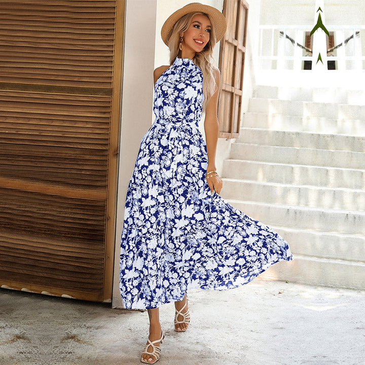 Women's Floral Halter-Neck Tiered Fall Midi Dress