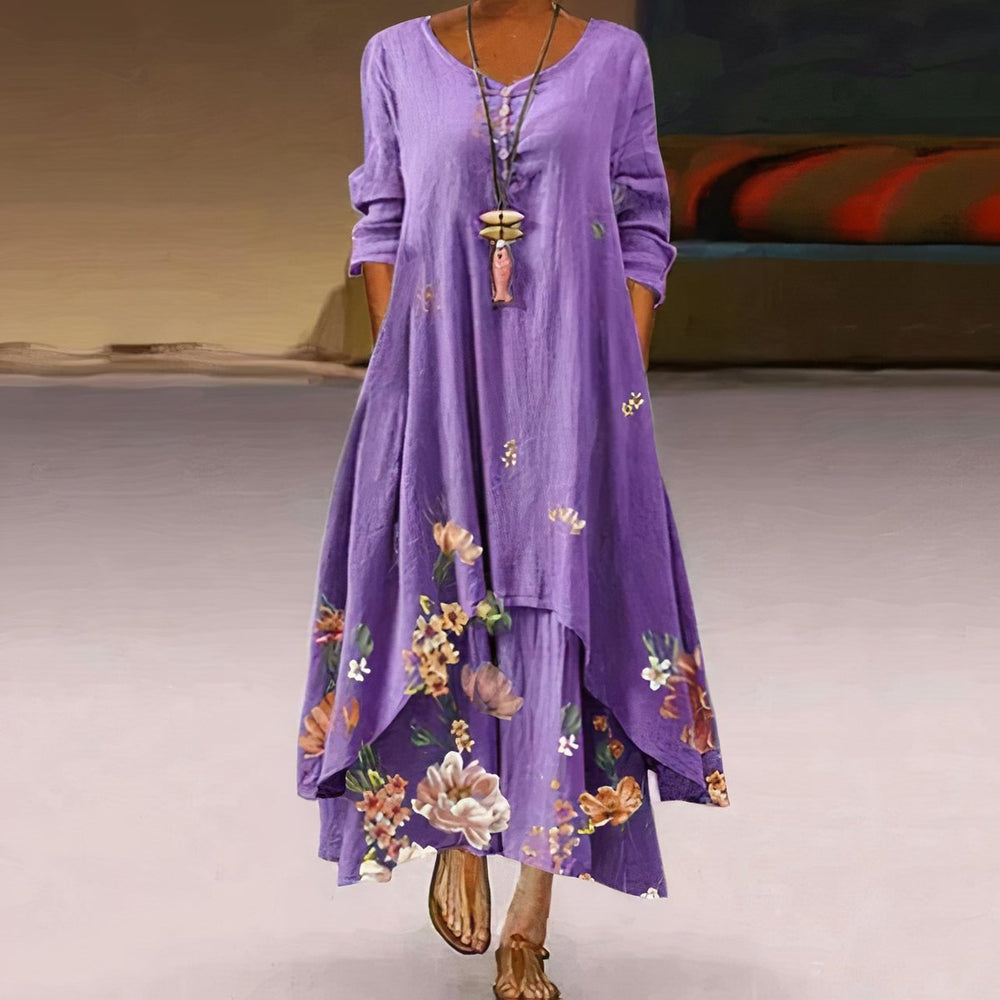 Women's Floral Hem Loose A-Line Long Sleeve Fall Dress Maxi - Lavender