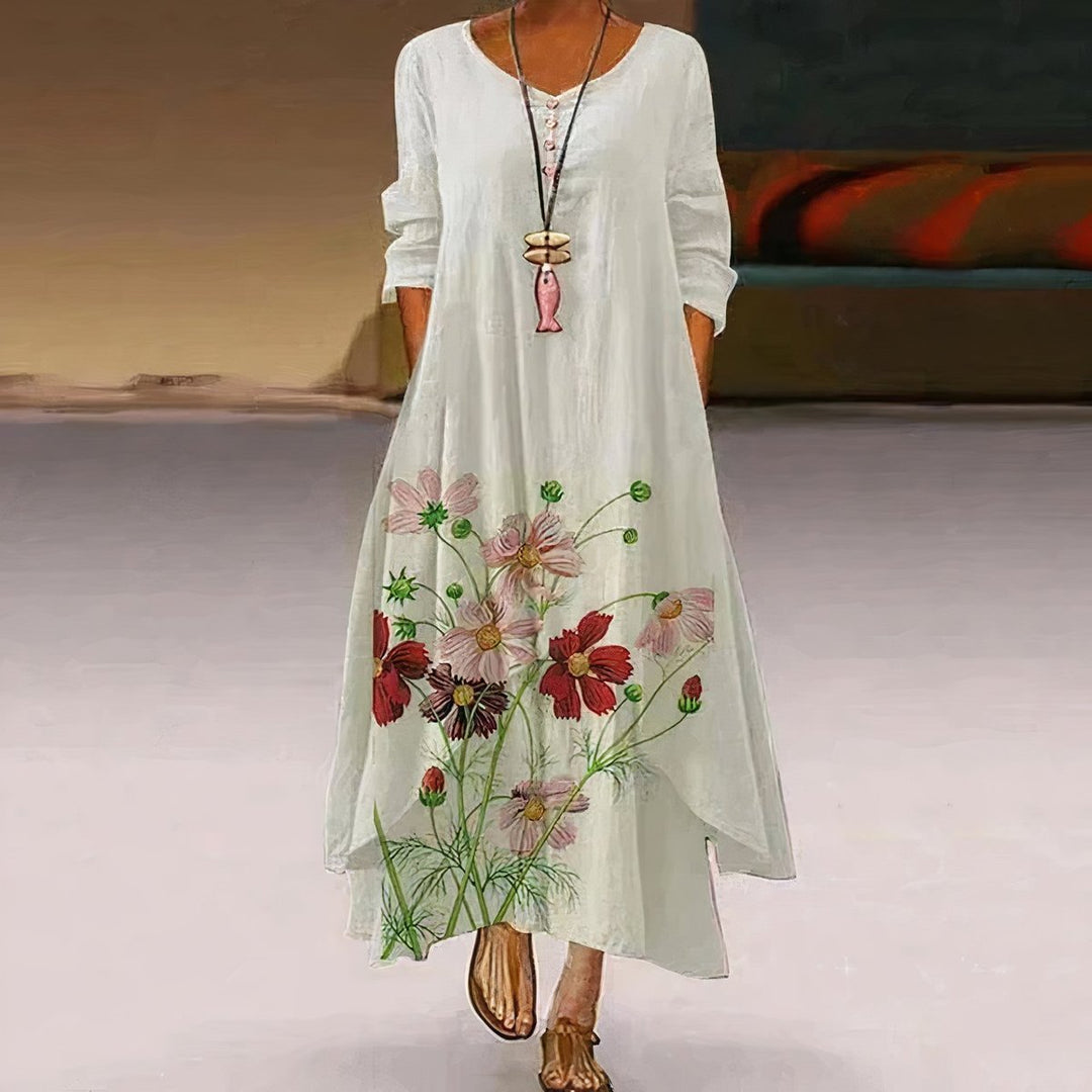 Women's Floral Hem Loose A-Line Long Sleeve Fall Dress Maxi - White 1