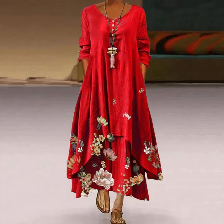 Women's Floral Hem Loose A-Line Long Sleeve Fall Dress Maxi - Red