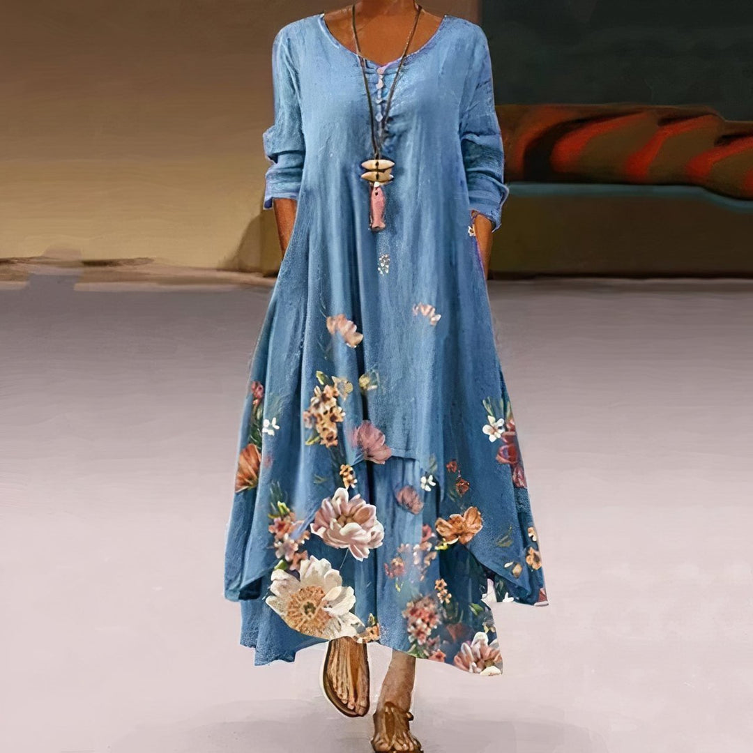 Women's Floral Hem Loose A-Line Long Sleeve Fall Dress Maxi - Blue