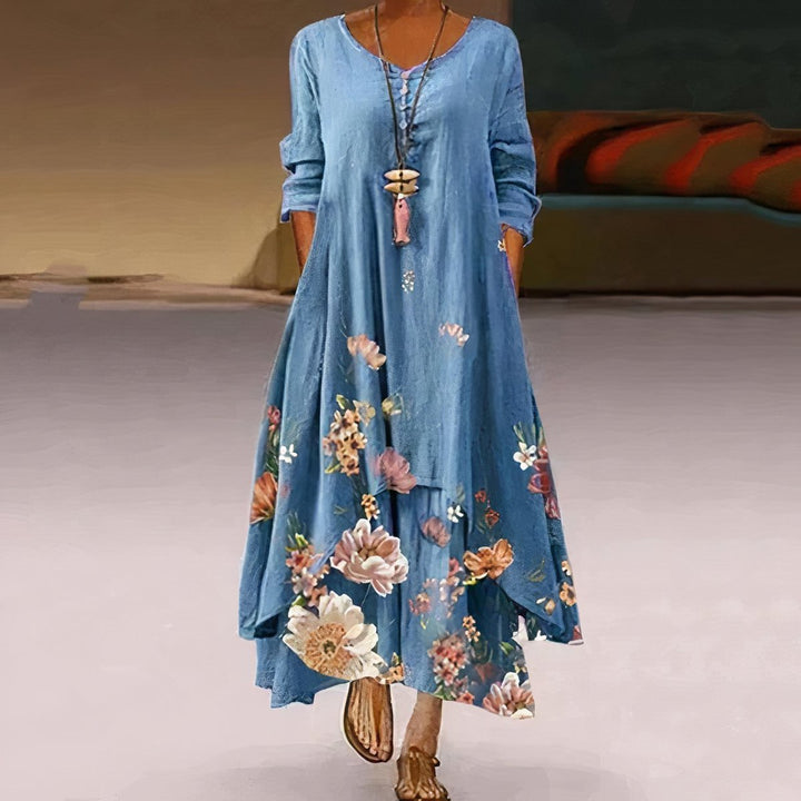 Women's Floral Hem Loose A-Line Long Sleeve Fall Dress Maxi - Blue