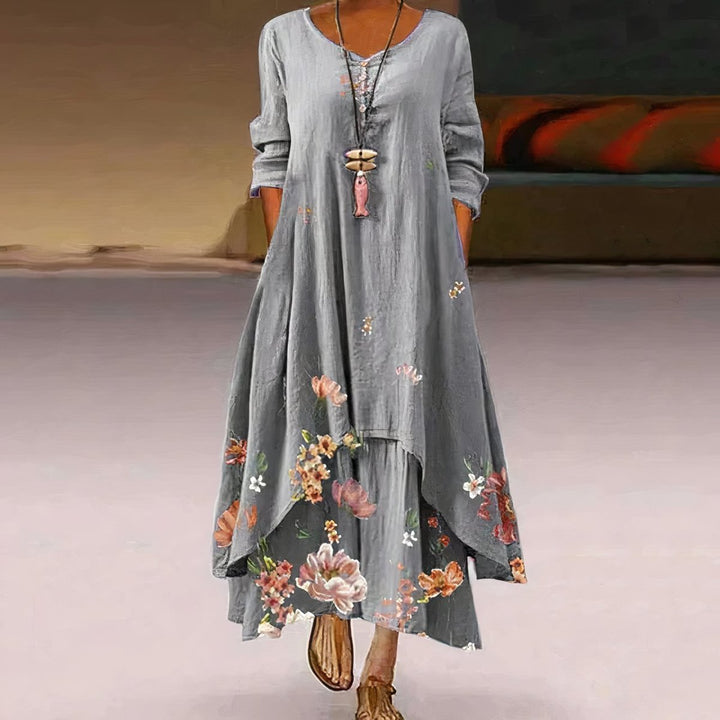 Women's Floral Hem Loose A-Line Long Sleeve Fall Dress Maxi - Light Gray