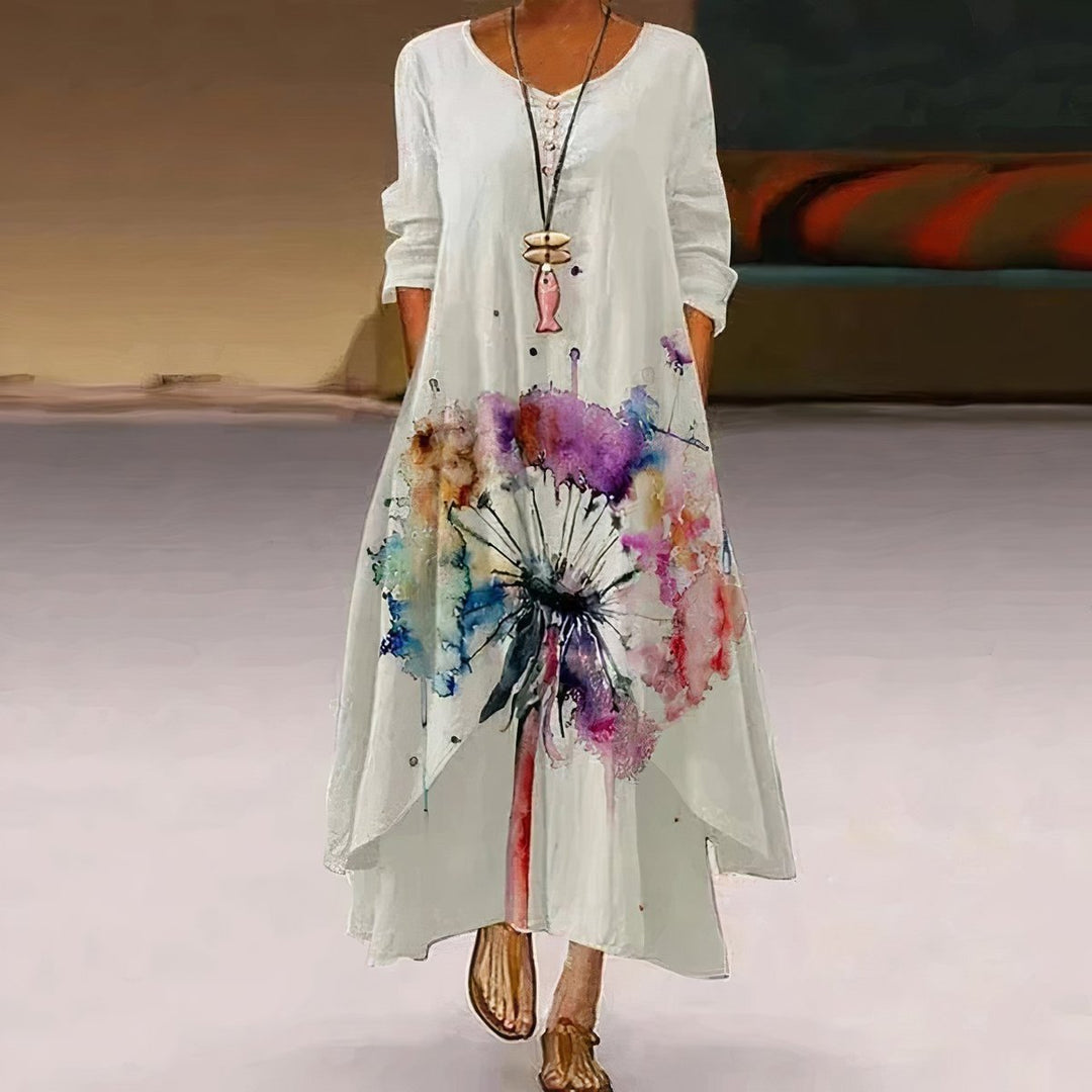 Women's Floral Hem Loose A-Line Long Sleeve Fall Dress Maxi - White 2