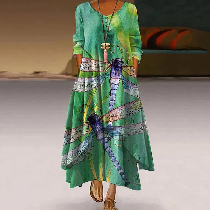 Women's Floral Hem Loose A-Line Long Sleeve Fall Dress Maxi - Green