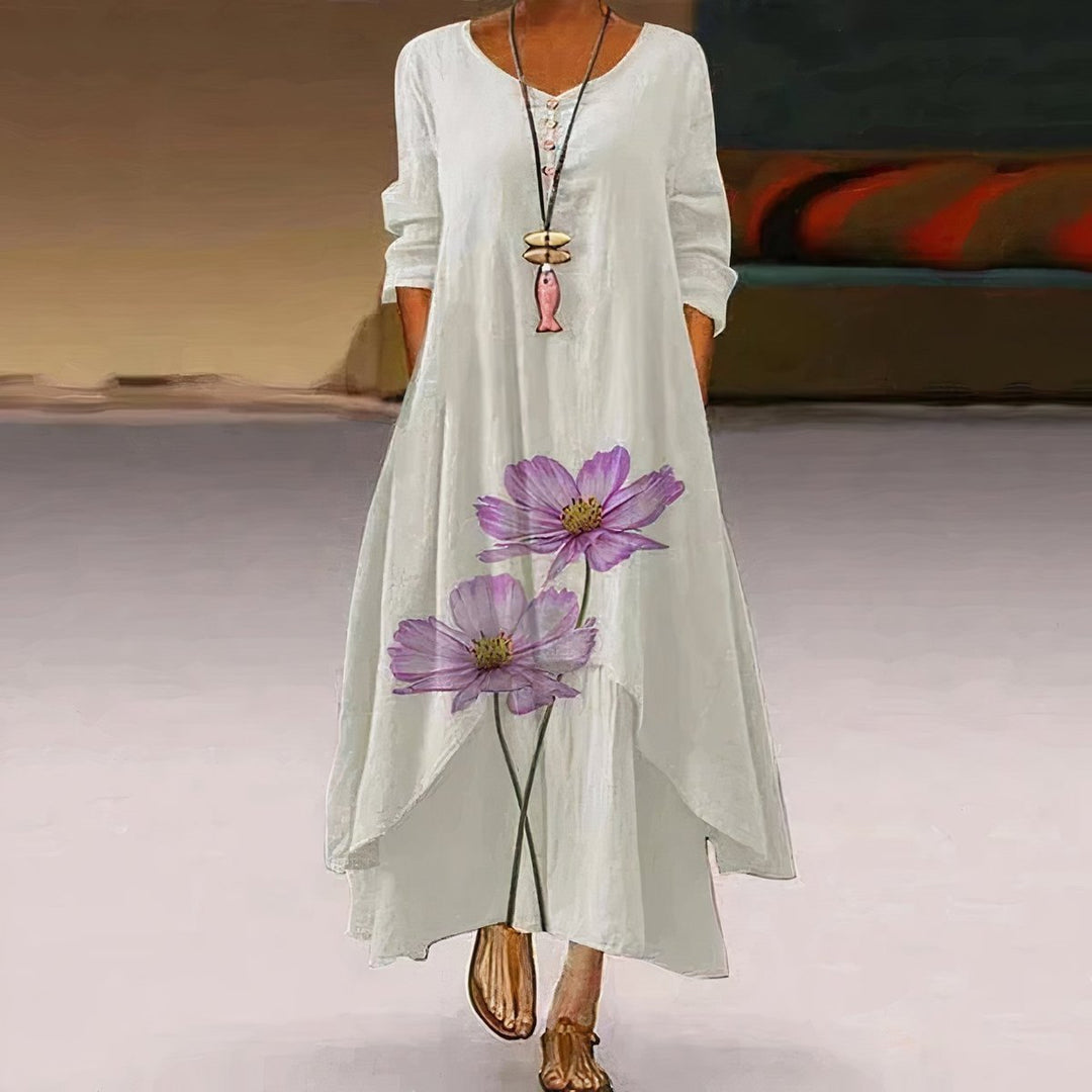 Women's Floral Hem Loose A-Line Long Sleeve Fall Dress Maxi - White 3