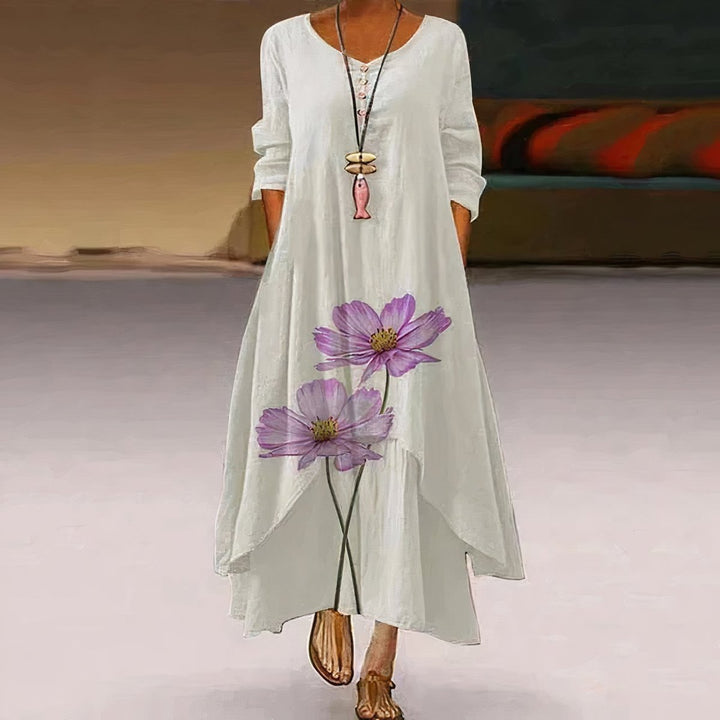 Women's Floral Hem Loose A-Line Long Sleeve Fall Dress Maxi - White 3