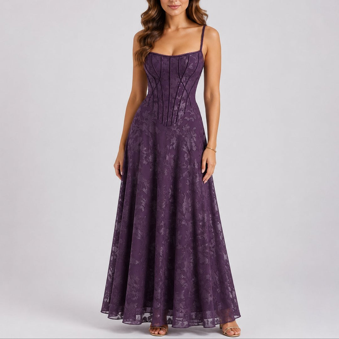 Women's Floral Jacquard Corset Fall Wedding Guest Dress Maxi