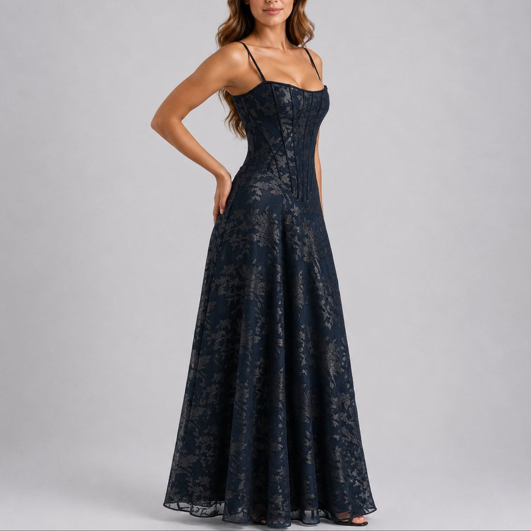 Women's Floral Jacquard Corset Fall Wedding Guest Dress Maxi