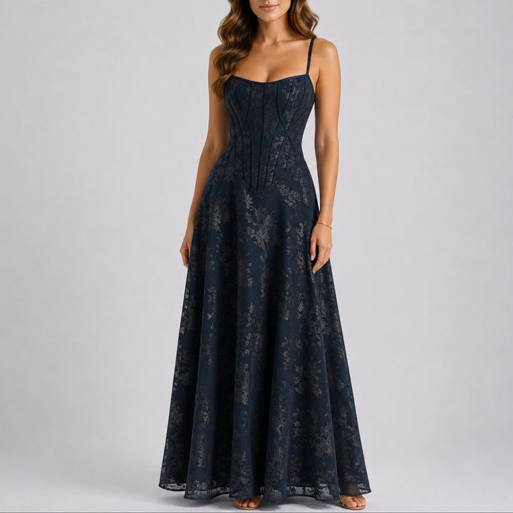 Women's Floral Jacquard Corset Fall Wedding Guest Dress Maxi