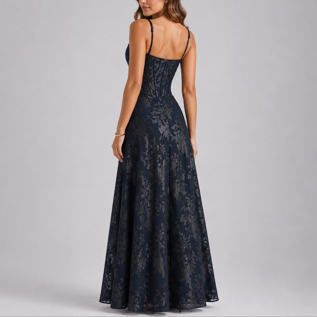 Women's Floral Jacquard Corset Fall Wedding Guest Dress Maxi