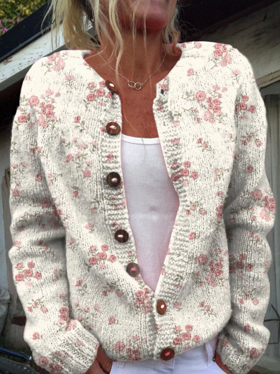 Women's Floral Knit Button-Front Cardigan Sweater