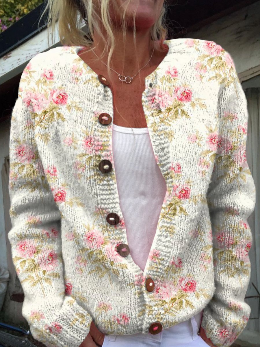 Women's Floral Knit Button-Front Open Cardigan Sweater