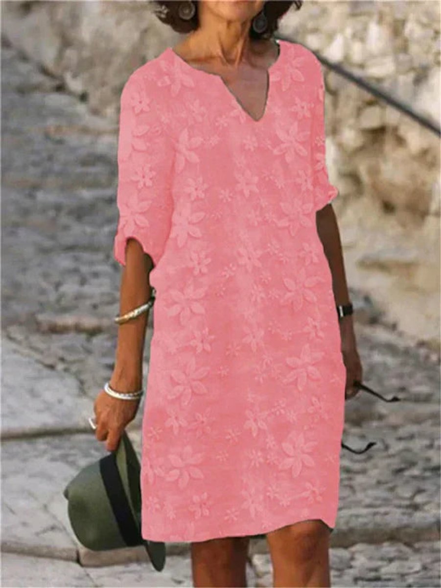 Women's Floral Lace Embroidered V-Neck Fall Midi Dress Half Sleeve