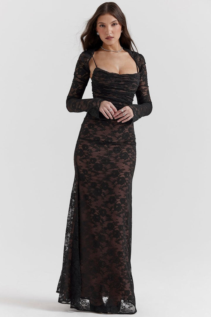 Women's Floral Lace Long Sleeve Fall Wedding Guest Dress Maxi