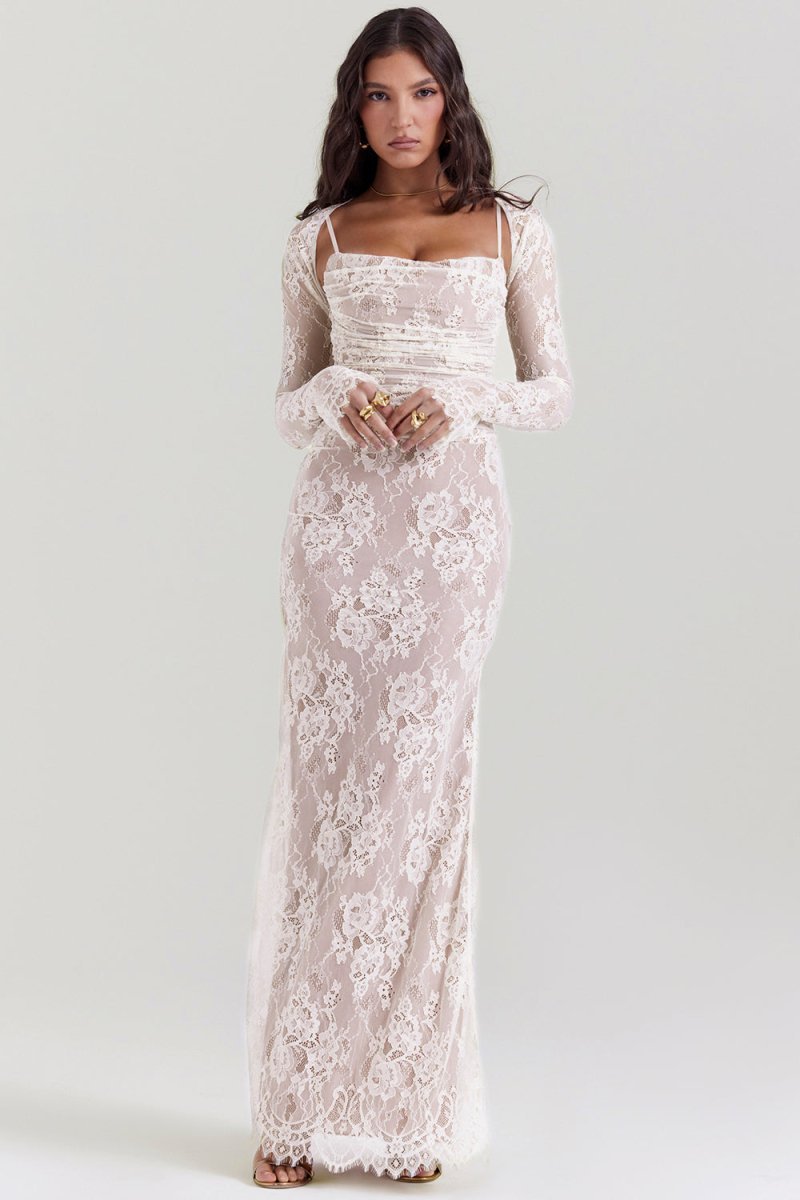 Women's Floral Lace Long Sleeve Fall Wedding Guest Dress Maxi