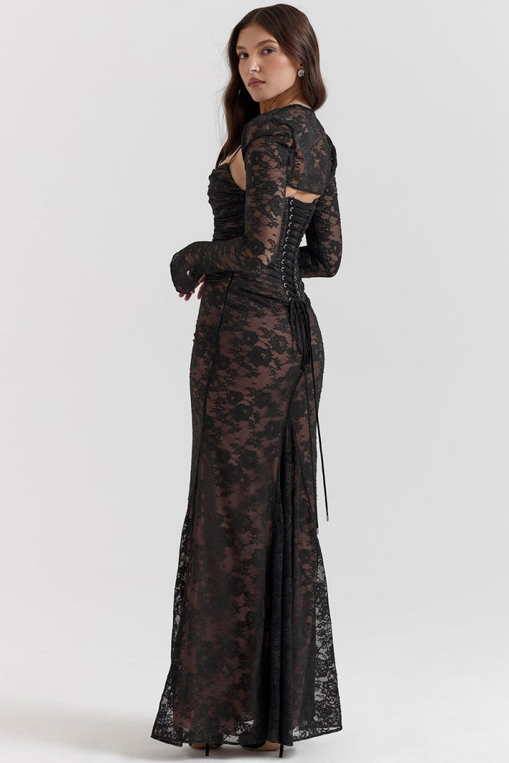 Women's Floral Lace Long Sleeve Fall Wedding Guest Dress Maxi
