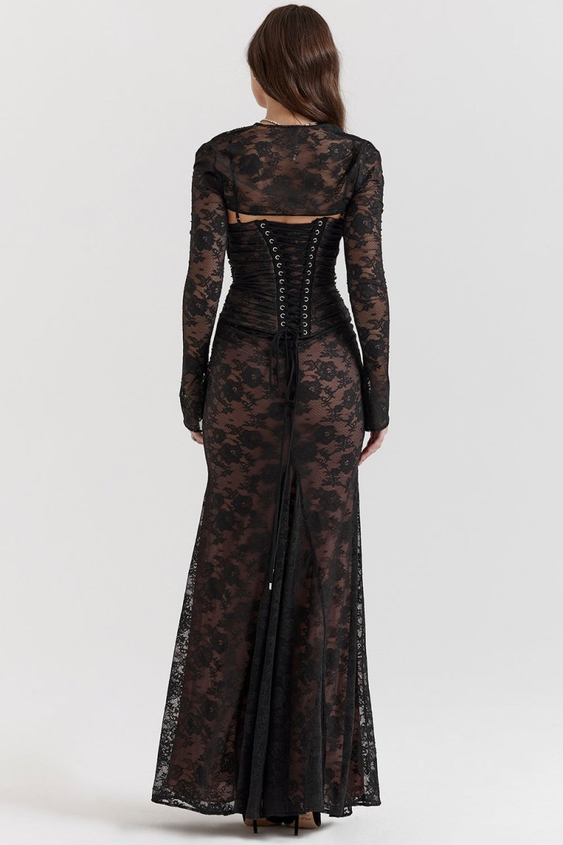 Women's Floral Lace Long Sleeve Fall Wedding Guest Dress Maxi