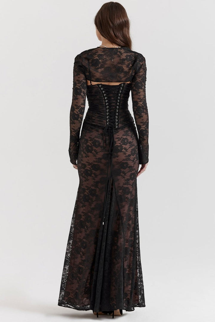 Women's Floral Lace Long Sleeve Fall Wedding Guest Dress Maxi