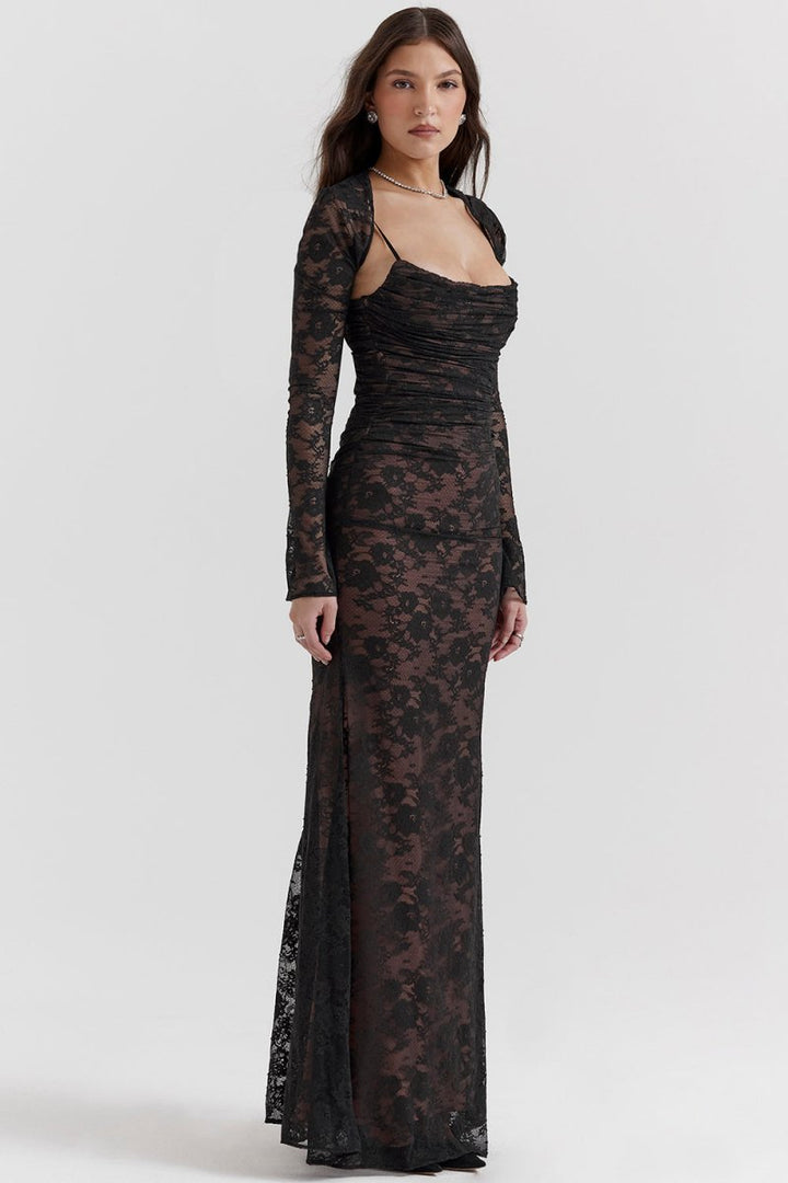 Women's Floral Lace Long Sleeve Fall Wedding Guest Dress Maxi