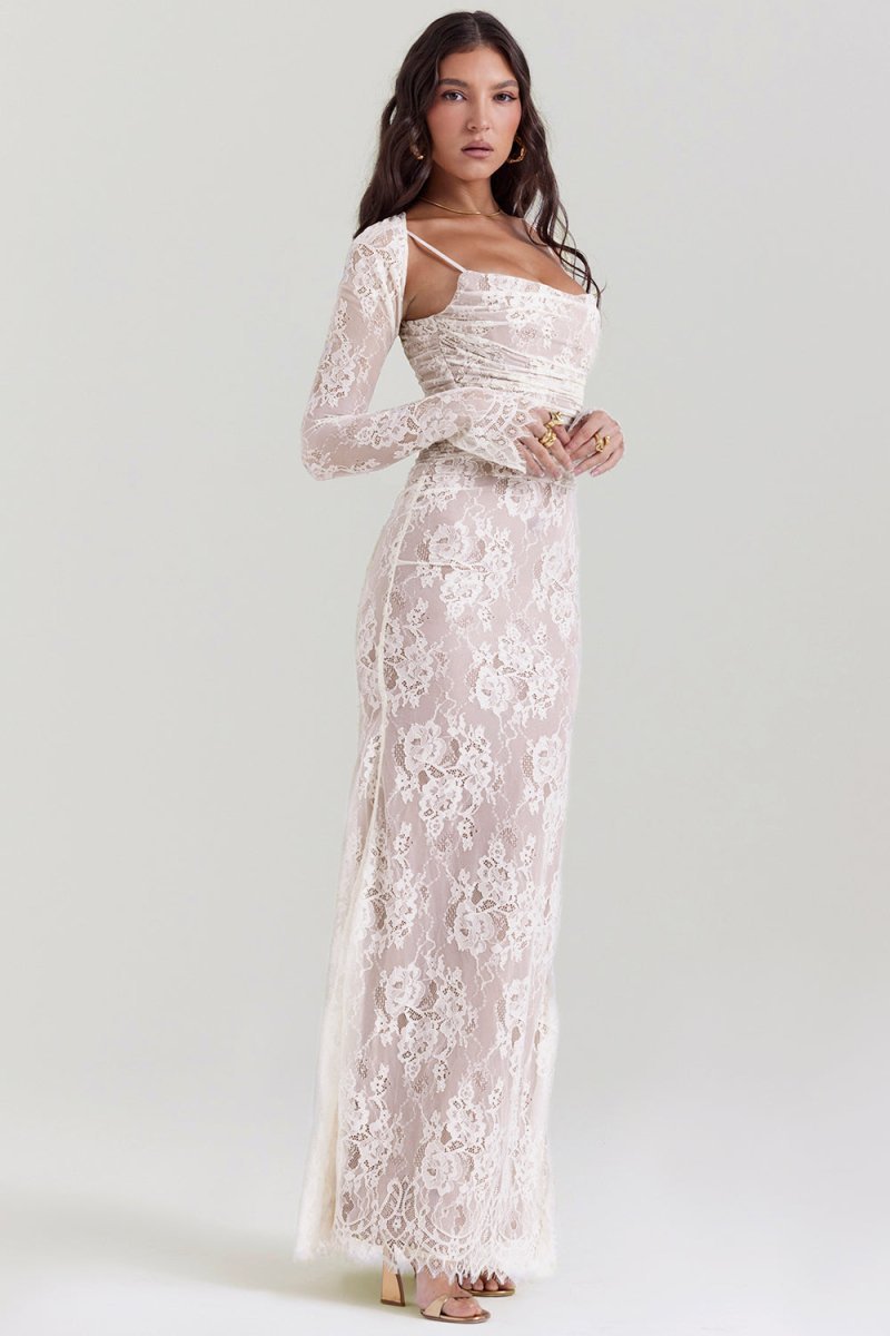 Women's Floral Lace Long Sleeve Fall Wedding Guest Dress Maxi