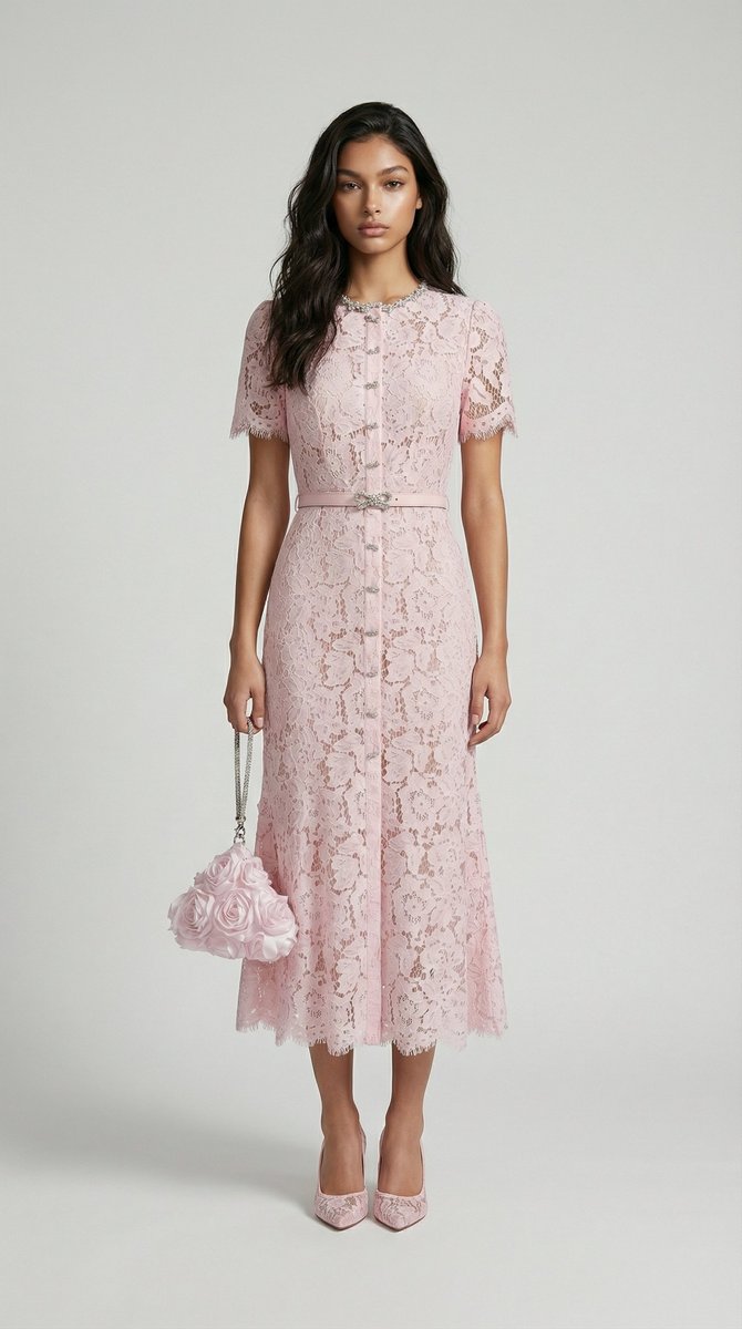 Women's Floral Lace Midi Fall Wedding Guest Dress Belted Fishtail