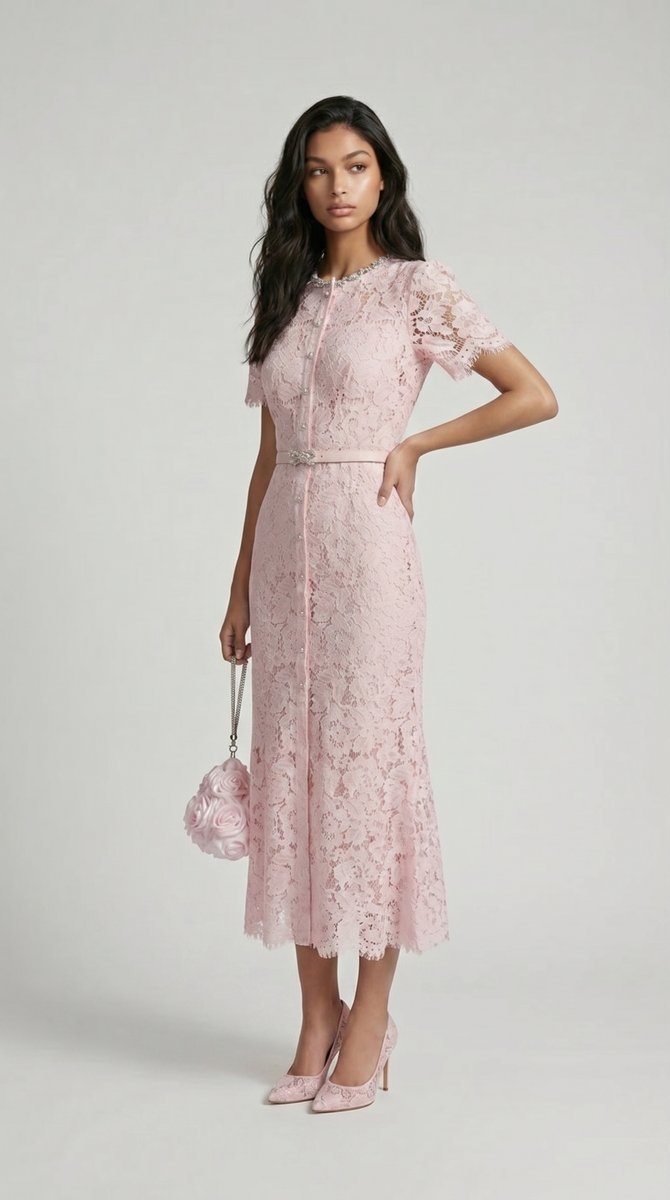 Women's Floral Lace Midi Fall Wedding Guest Dress Belted Fishtail