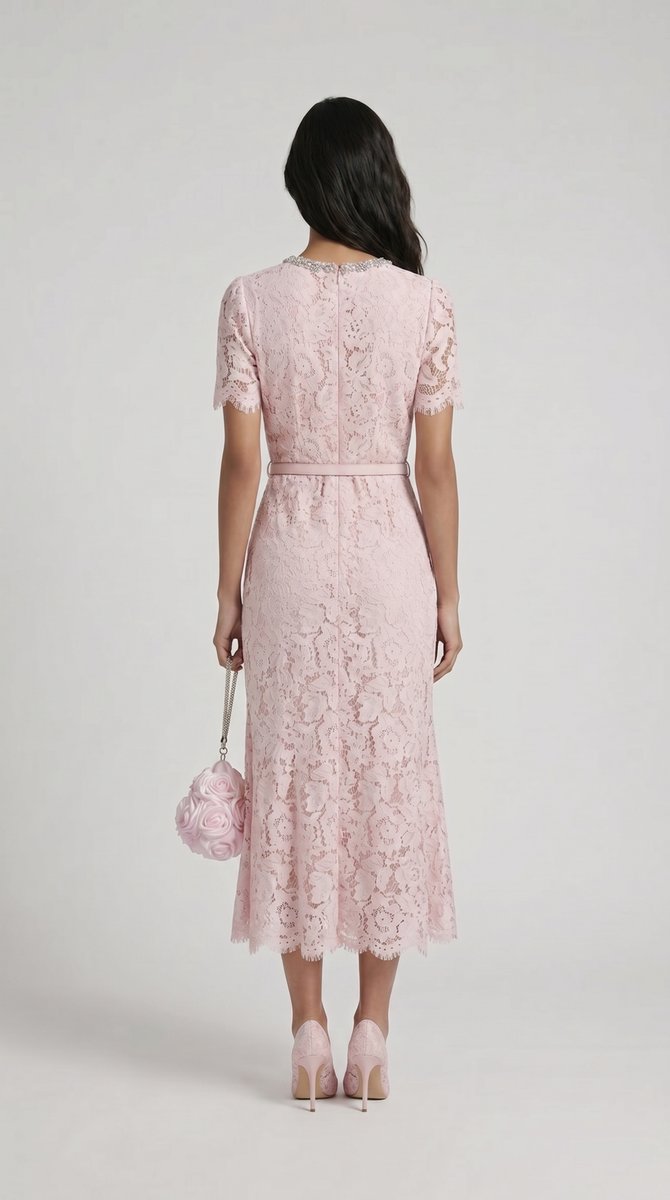 Women's Floral Lace Midi Fall Wedding Guest Dress Belted Fishtail