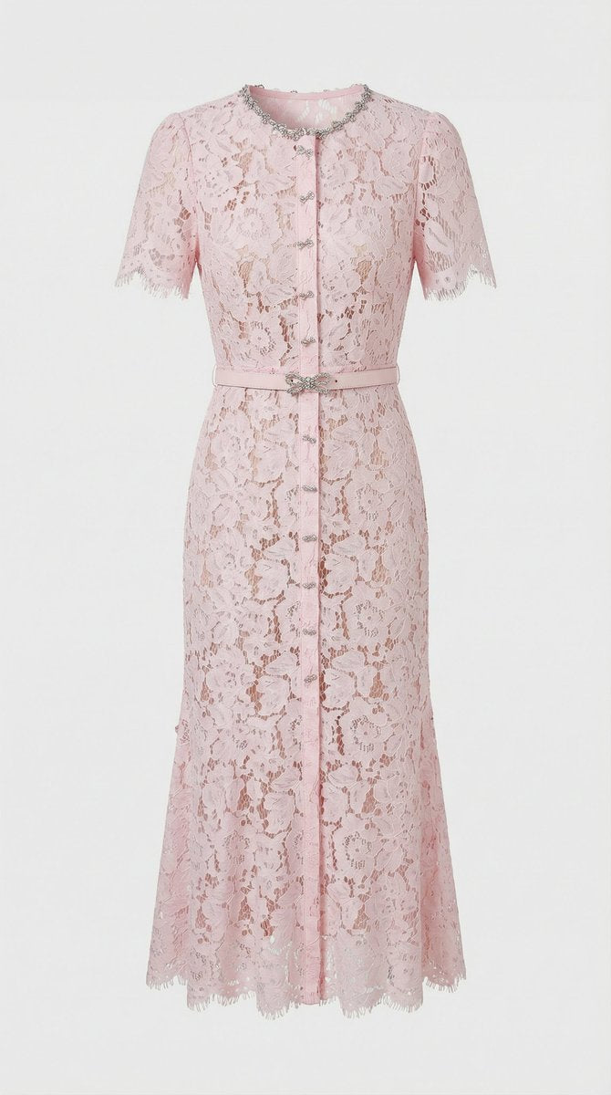 Women's Floral Lace Midi Fall Wedding Guest Dress Belted Fishtail