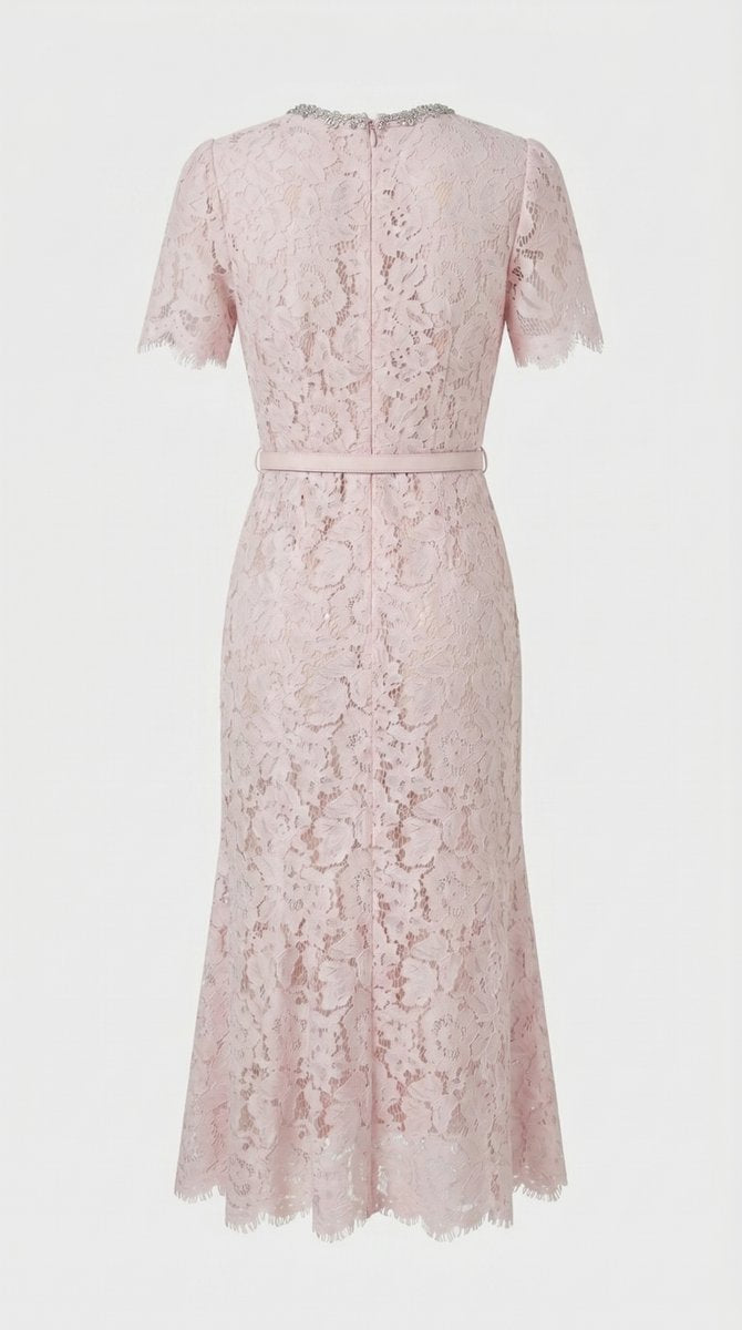 Women's Floral Lace Midi Fall Wedding Guest Dress Belted Fishtail