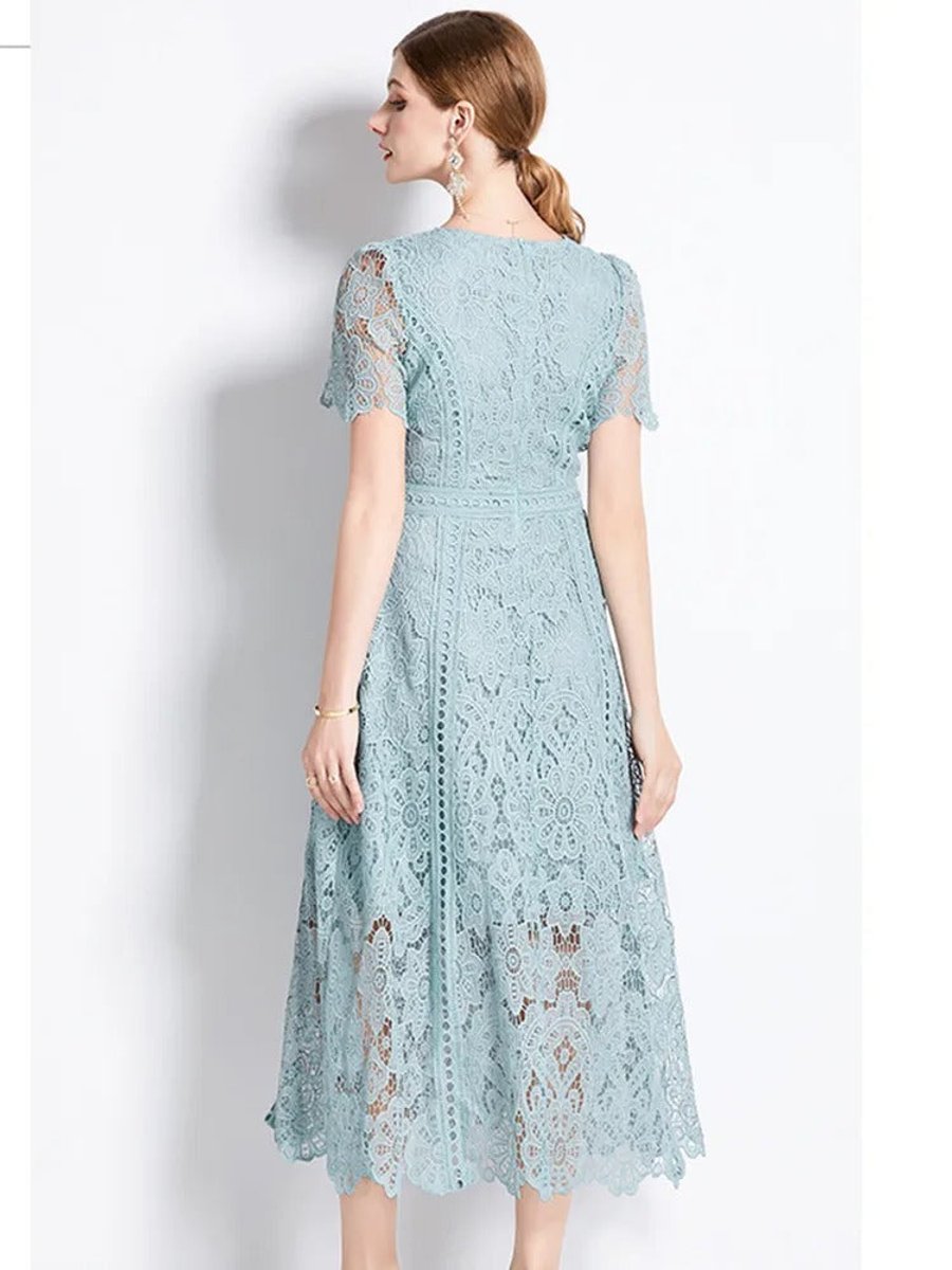 Women's Floral Lace Short-Sleeve Fall Midi Dress